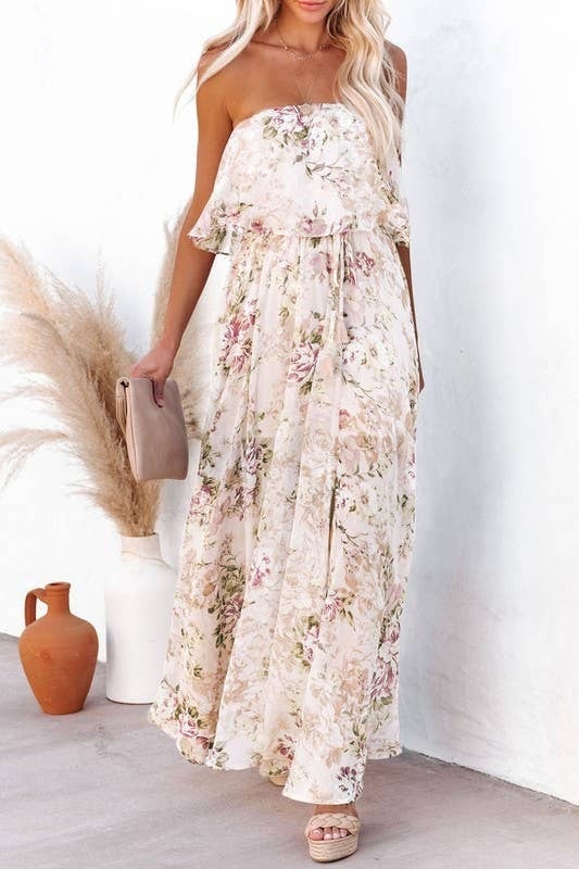 White Floral Tube Top Maxi Dress